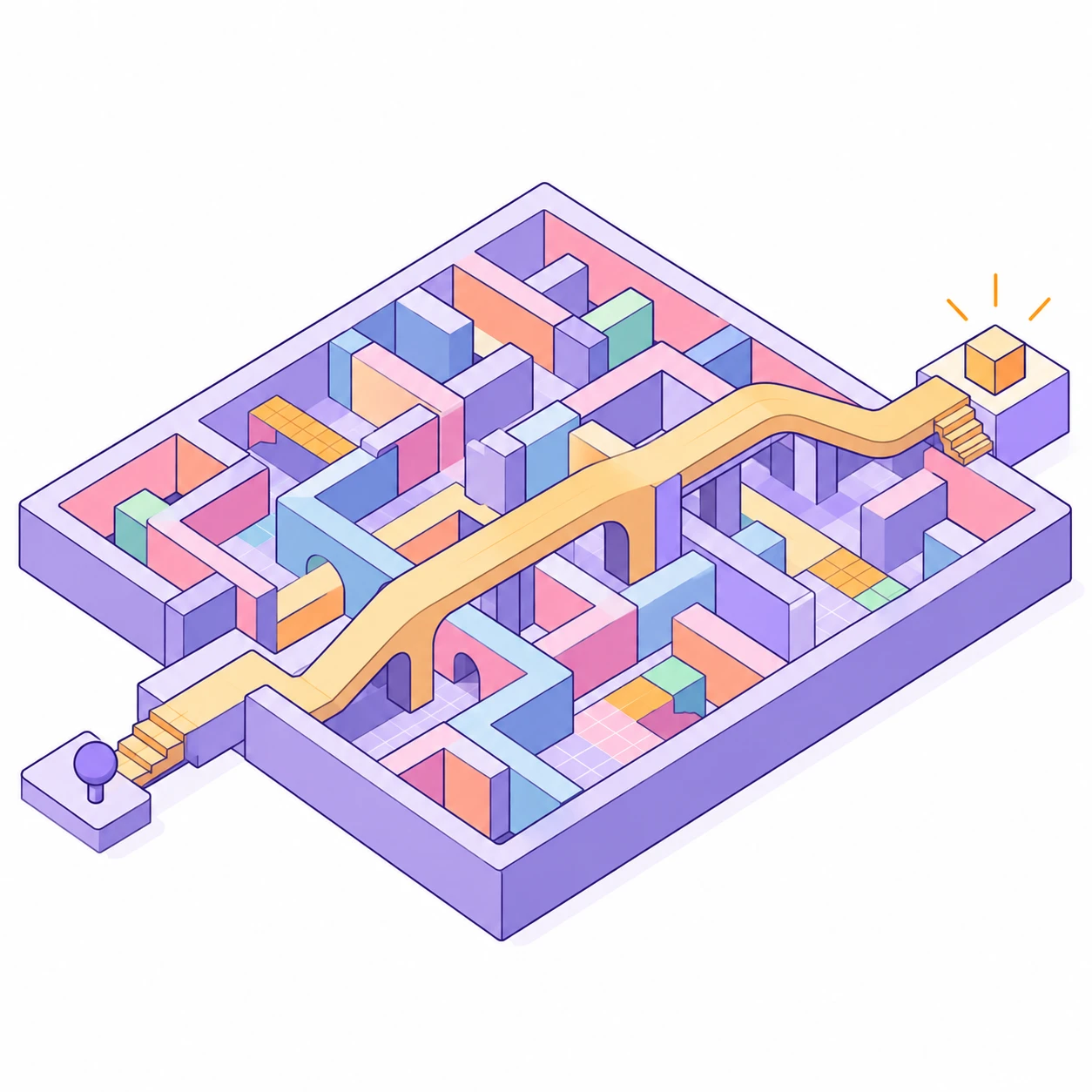 An isometric maze with one route lit from the entry point through to the goal