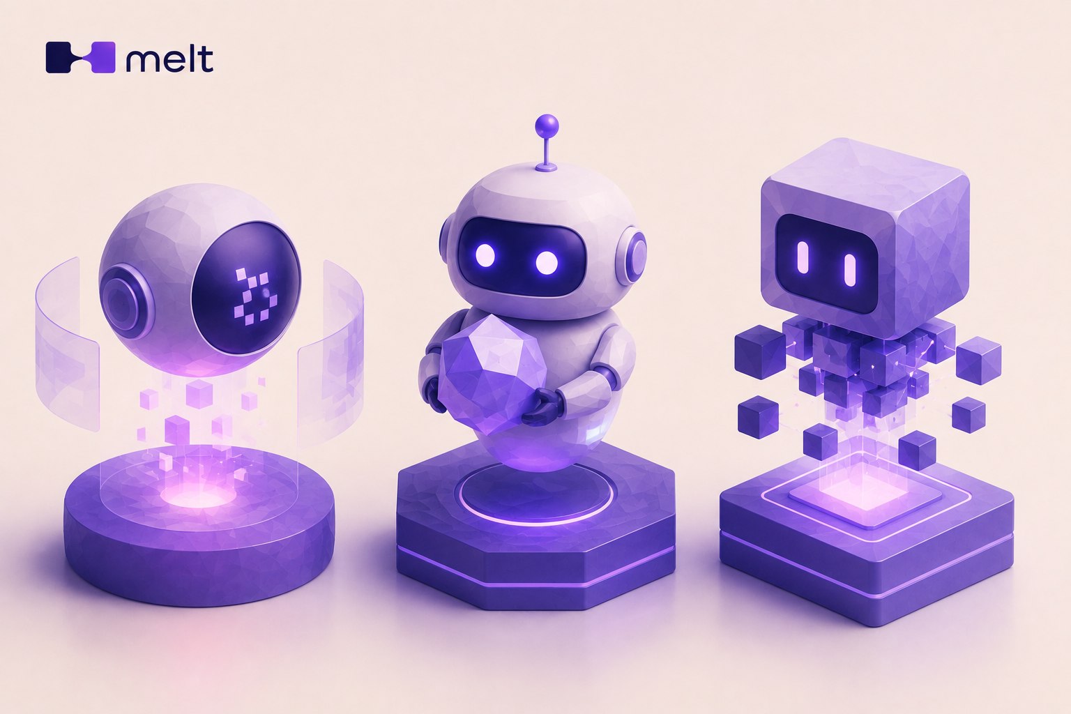 Three illustrated AI agents on pedestals, representing systems read directly for real, provable value